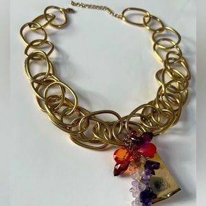 IMAN Golden  Tone Thick Link Chain Necklace with stones